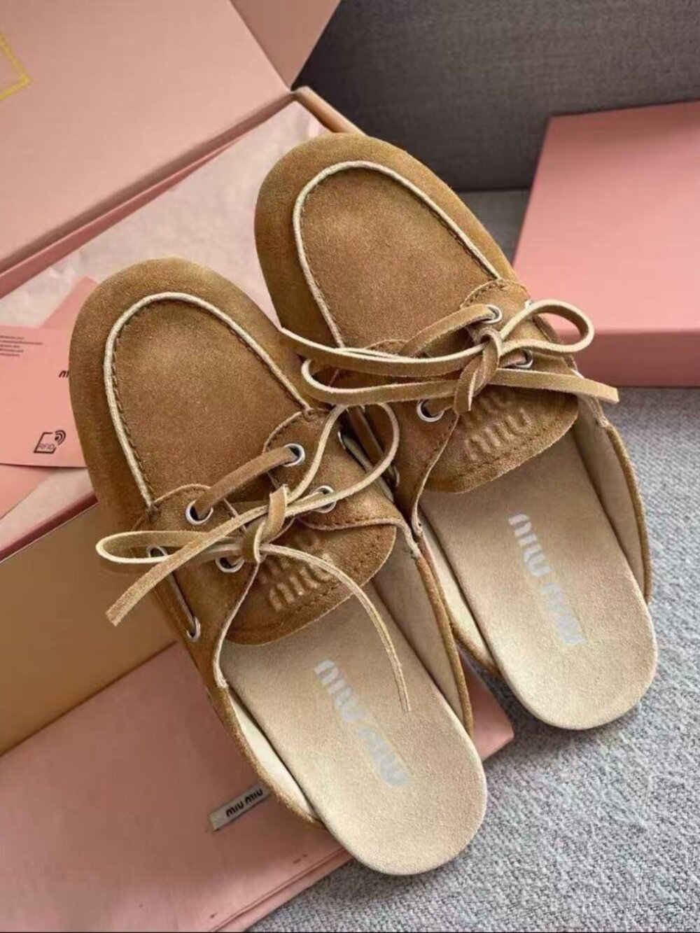Miu Miu Cinnamon Brown Suede Lace‑Up Mules Loafer Slides